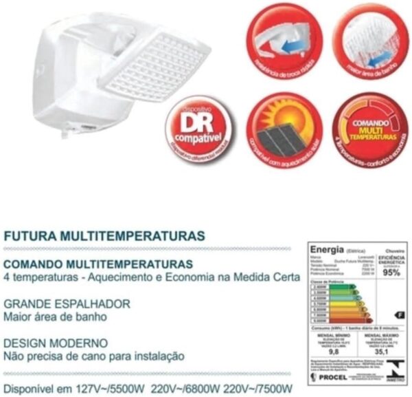 Ducha Futura Multitemperaturas 127V, 5500W, Lorenzetti 7531280, Branco - Image 4