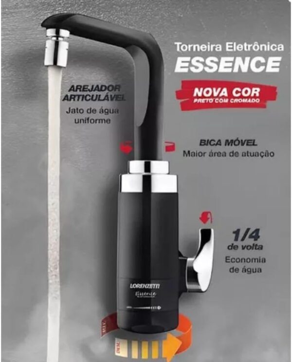 Torneira Eletrônica Essence Mesa Preto/Cromado Lorenzetti 220V 5500W - Image 3